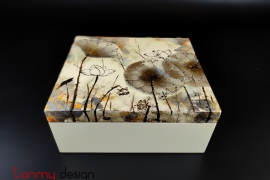 Cream rectangle lacquer box hand-painted with lotus 20*22*H8 cm